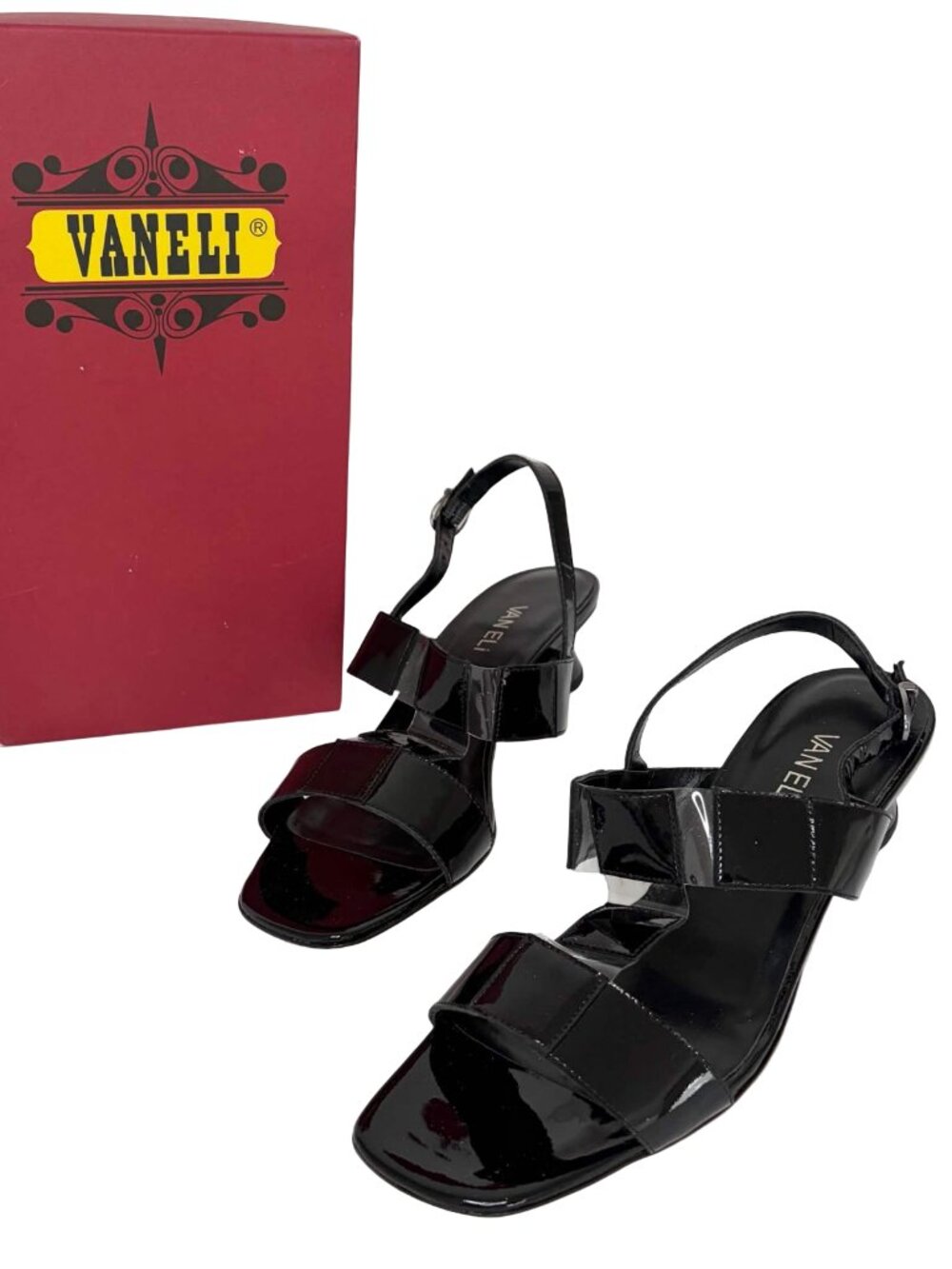 Vintage 90s Y2K VANELI Berdine Black Patent Leather Slingback Sandals 10M Italy